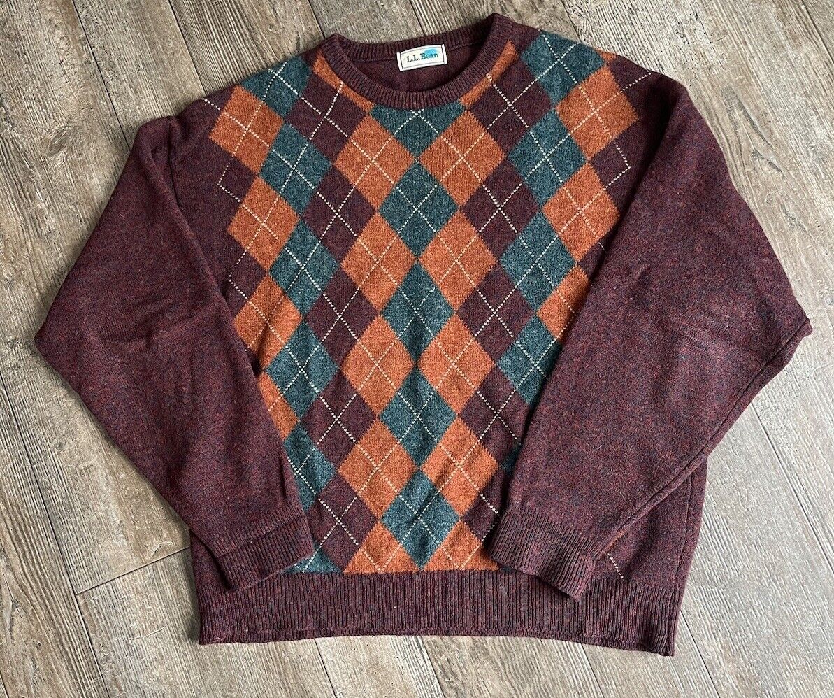 VTG LL Bean Sweater Men Large Maroon Orange 100% … - image 1