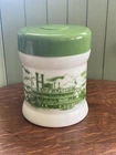 Vintage Milk Glass Jar Canister With Green Lid Steamboat Scenes “Delta Queen”
