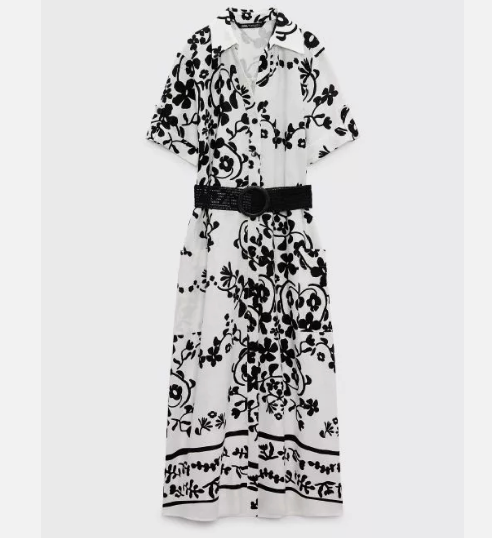 ZARA LINEN BLEND PRINTED SHIRT DRESS WHITE BLACK belt XS S L X 8032/462 NWT  | eBay