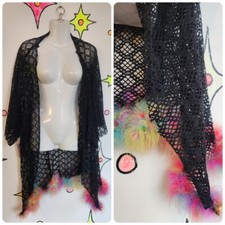 Vintage Y2K Rave Black Crochet Kimono Duster Robe Rainbow Feather Trim