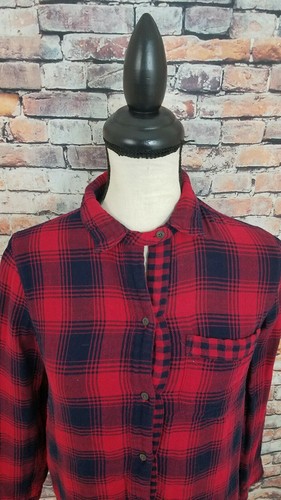 Camisa de algodón Madewell para mujer manga larga roja azul marino a cuadros con botones de franela talla XS - Imagen 2 de 5