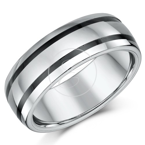 8mm Mens Tungsten & Ceramic Striped Wedding Ring Band - Picture 1 of 2