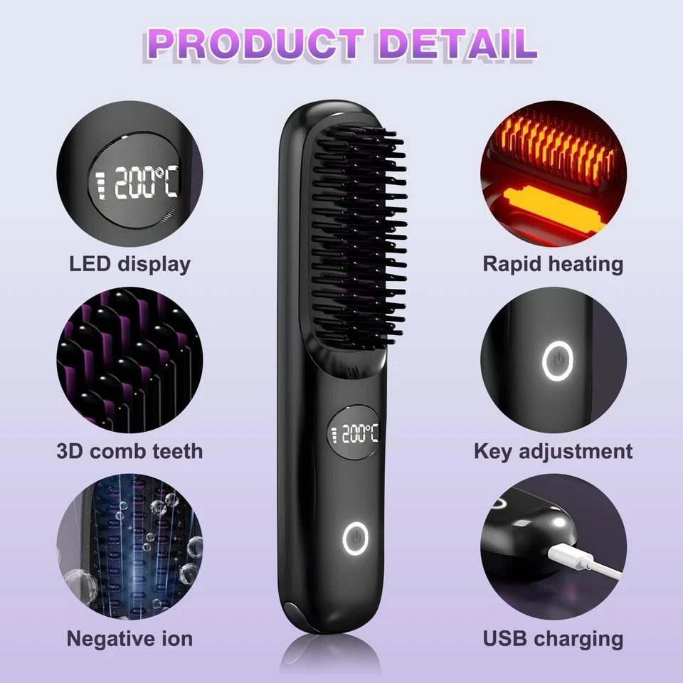 Go Brush Pro Cordless Hair Straightener Brush - Portable Hair Straightening B...