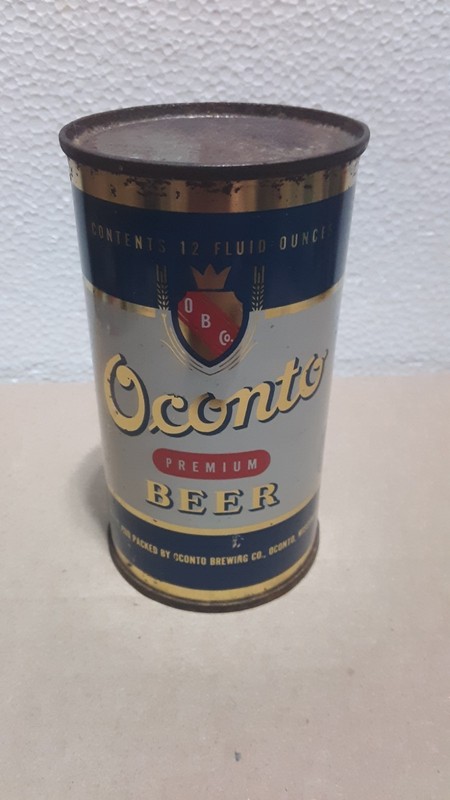 Oconto Premium Beer Flat Top, empty, KEGLINED by Oconto Brewing Co., Oconto, WI.