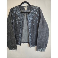 Chico's Gray Floral Embroidered Denim Jacket Boho Artisan Open Front Size 2 Larg