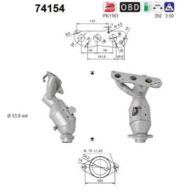 Catalyseur AS 74154 haute résistance en inox pour collecteur Nissan 140021HF0A
