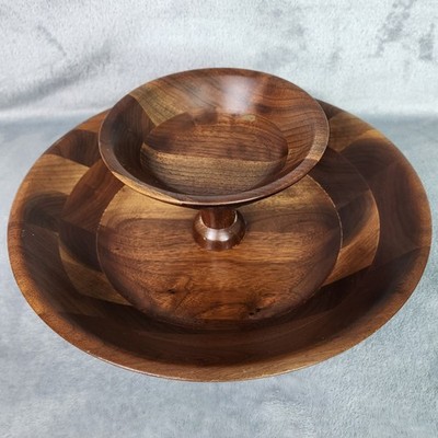 OZARK WALNUTWARE Solid Walnut 2 Tier Snack Serving Bowl Set Chip & Dip Nuts