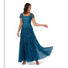 NWT Adrianna Papell Beaded 3D Petal Short Sleeve Gown Teal Blue Dress Sz 6