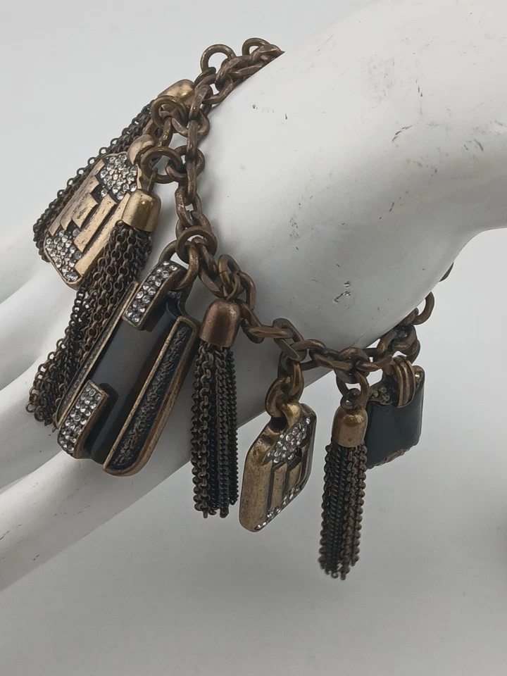 ANNE TAYLOR Tono Bronce Esmalte Cristales Borlas Cuelga Dijes Pulsera Palanca Foto 3 de 4