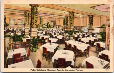 Palm Cafeteria, Cummer Arcade, Sarasota Florida - c1930s Linen Postcard
