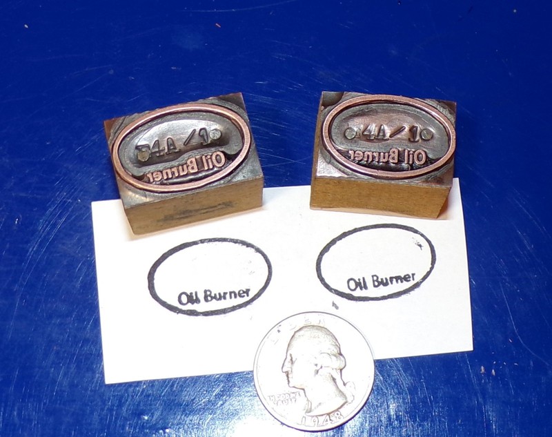Pair of Small "Oil Burner" Wood and Copper Letterpress / Printers Blocks