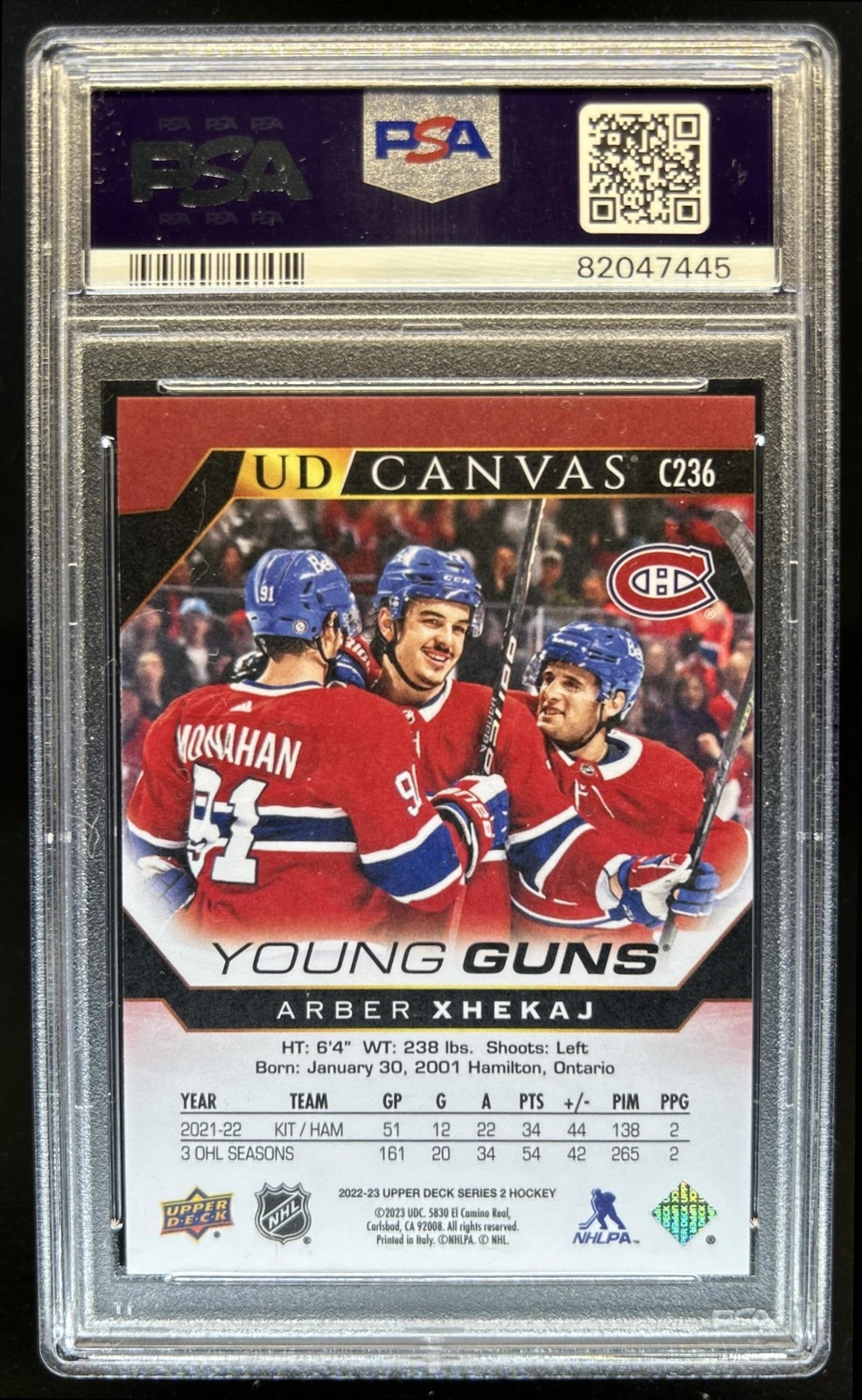 2022-23 Upper Deck Arber Xhekaj UD Canvas Young Guns RC #C236 Canadiens PSA 9 view 2