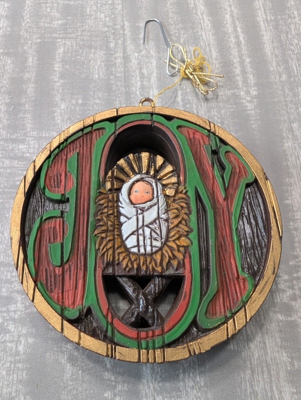 1975 Hallmark NOSTALGIA JOY Ornament  Baby Jesus  Painted Rustic Woodgrain