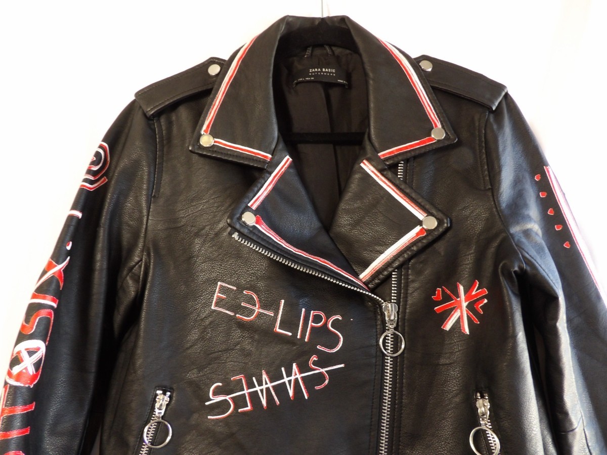 ZARA Women's Black Faux Leather Moto Biker Front Zip Graphiti