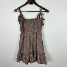 Aerie Smocked Sundress S Brown Boho Cottagecore Coquette Ruffle Hem Tie Strap