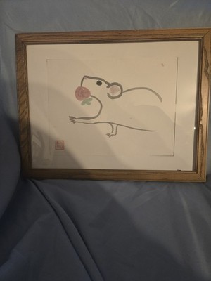 Minimalist Mouse Ink Painting on Paper, Framed (Artist Unknown)