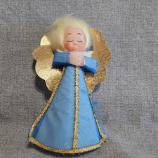 Vtge Cardboard Angel Tree Topper Blue Dress Gold Trim  Wings Blond Hair Praying