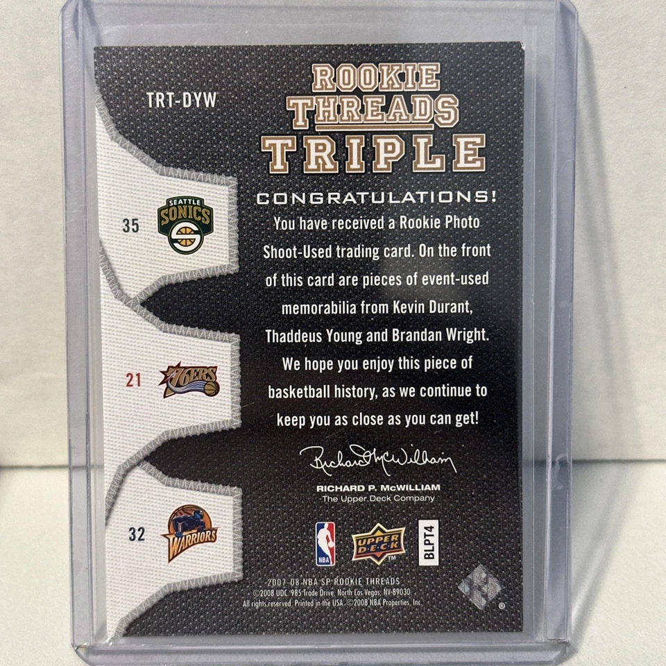 2007-08 SP Rookie Threads Triple Kevin Durant Thaddeus Young Brandan Wright RC - Image 2 of 2