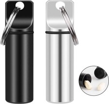 2 Pack Small Pocket Pill Box Keychain, Portable Mini Aluminium Black White