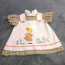 Vtg 80s Handmade Toddler Dress Plaid Size 4T Kitty Cat Girl Praire Cottage Stain