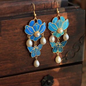 Authentic Cloisonne Drop Earrings Gold Plated Long Hook Hanfu Chinese Style Jewelry Women