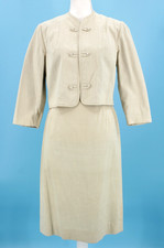 VTG Women's 60s 2 Pc Beige Dress Suit Sz S/M 1960s Open Front Jacket Skirt Set