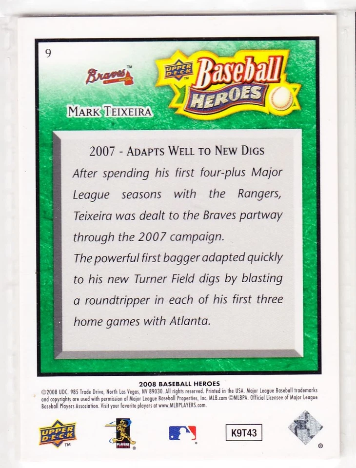 2008 Upper Deck Baseball Heroes Mark Teixeira /499 499 Atlanta Braves #9 - Image 2 of 2