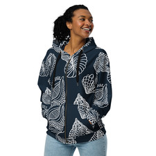 Women's Navy White Pattern Hoodie Zip Up Relaxed Fit Fleece Casual Top