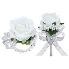 2 PCS White Wrist Corsage Men Boutonniere Set Artificial Rose Prom Wedding