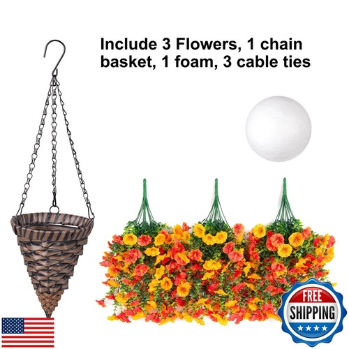 Artificial Hanging Flowers with Basket Outdoors Fake Flowers Plants,3 PCS - Bild 3 von 5