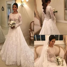 Vintage Lace Wedding Dresses Elegant Long Sleeves With Train O Neck Bridal Gowns