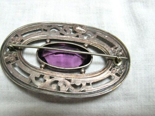 Antique C & R Signed Huge Silver Pin Large Amethyst Faceted Stone - Imagen 4 de 8