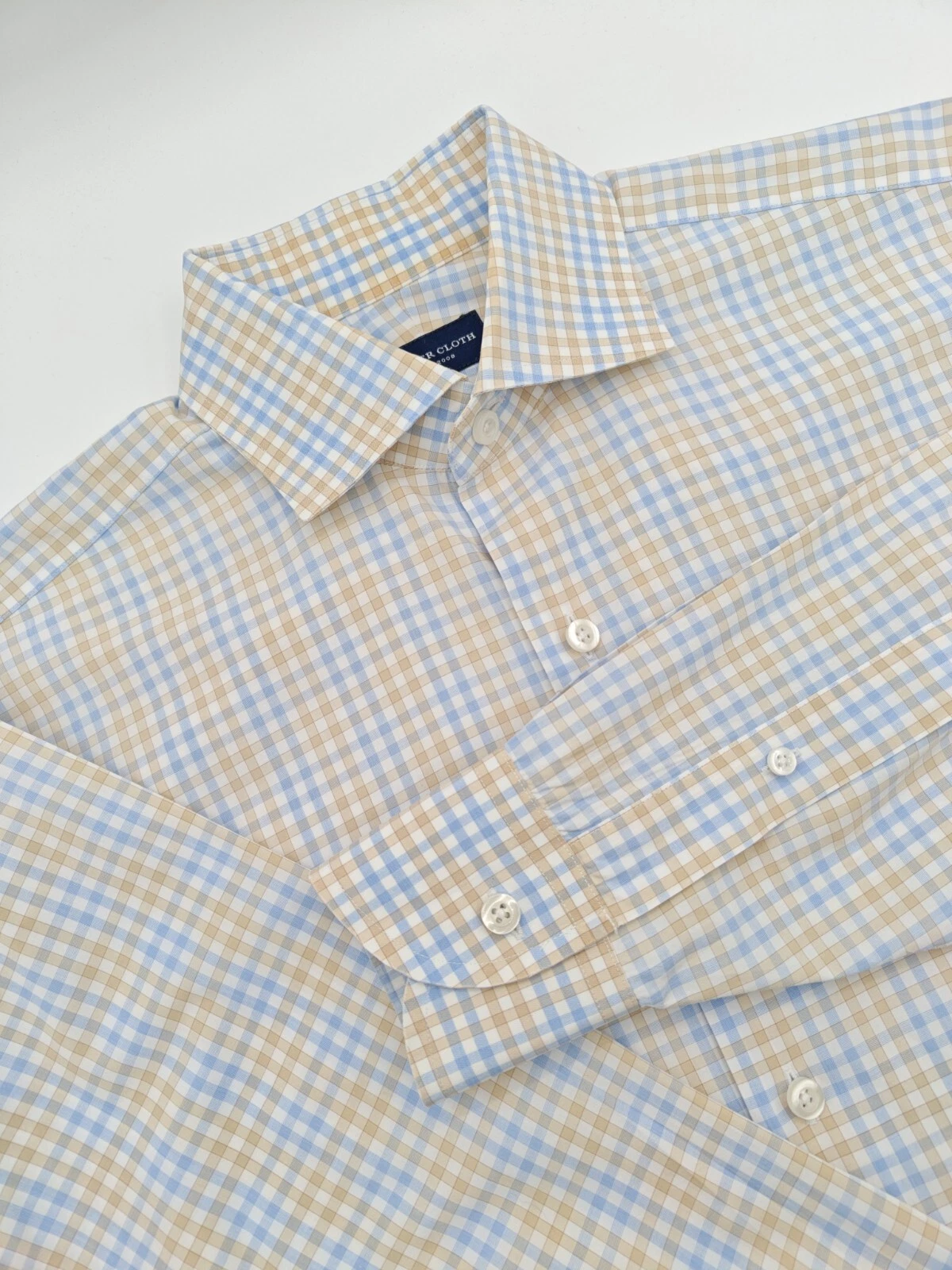 🇺🇸 Proper Cloth Mens Dress Shirt 14.5x33 Beige Blue Check 100% Cotton