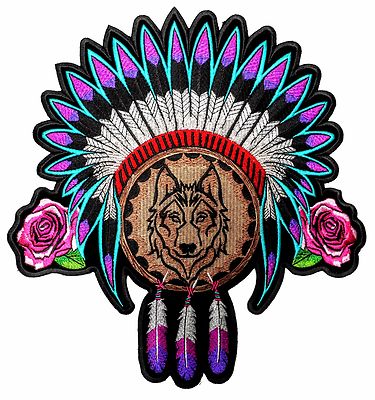 Lady Native American Indian Headdress, Wolf, Roses, Feathers Embroidered Patch