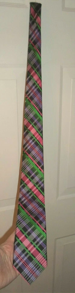 Corbata de seda a cuadros Ben Sherman rosa/negro/verde/púrpura cinta nueva sin etiquetas Foto 2 de 4