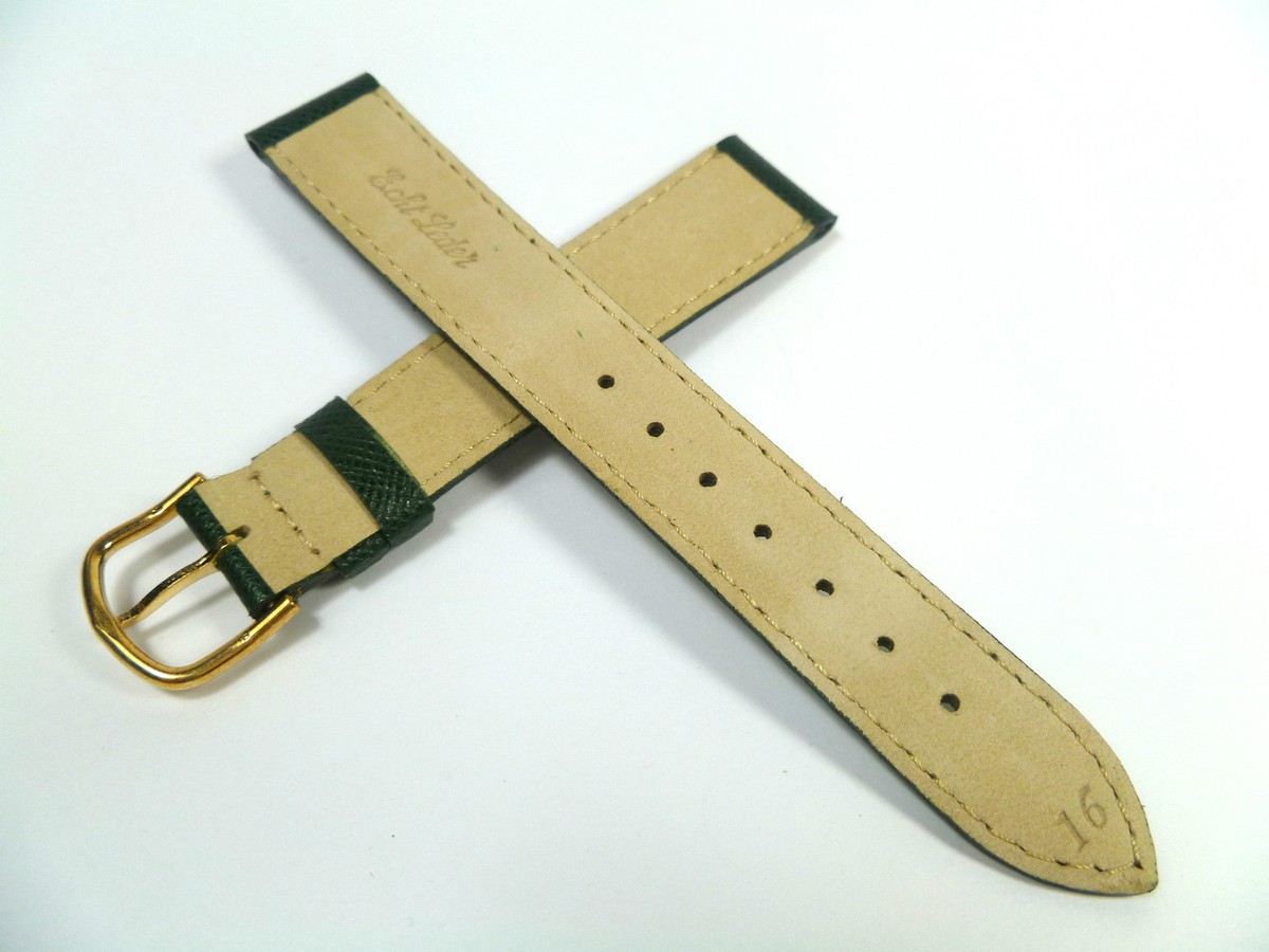 Bracelet De Montre En Cuir Véritable Vert - Largeur 16mm, Boucle Dorée, Neuf Sans étiquette
