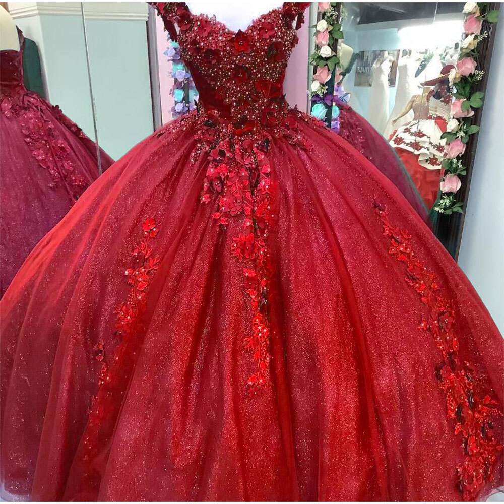 Sparkly & Glitter Ball Gown Off Shoulder Floral Appliques Red Tulle Quinceanera Dress Princess Birthday Party Gown for Sweet 16 Sparkly & Glitter Ball Gown Off Shoulder Floral Appliques Red Tulle Quinceanera Dress Princess Birthday Party Gown for Sweet 16