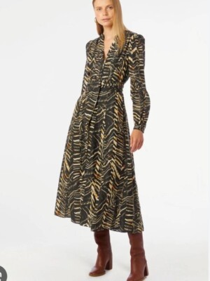 Marie Oliver Lillian Cotton-Silk Twill Belted Midi Dress Animal Stripe Size 16
