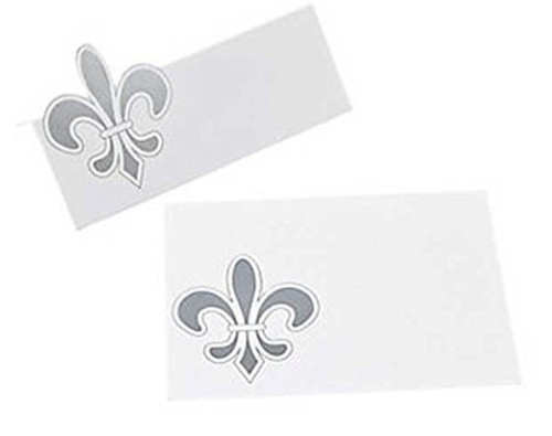 24 Fleur De Lis Place Cards Regular Size White Silver Card stock Cutout Wedding