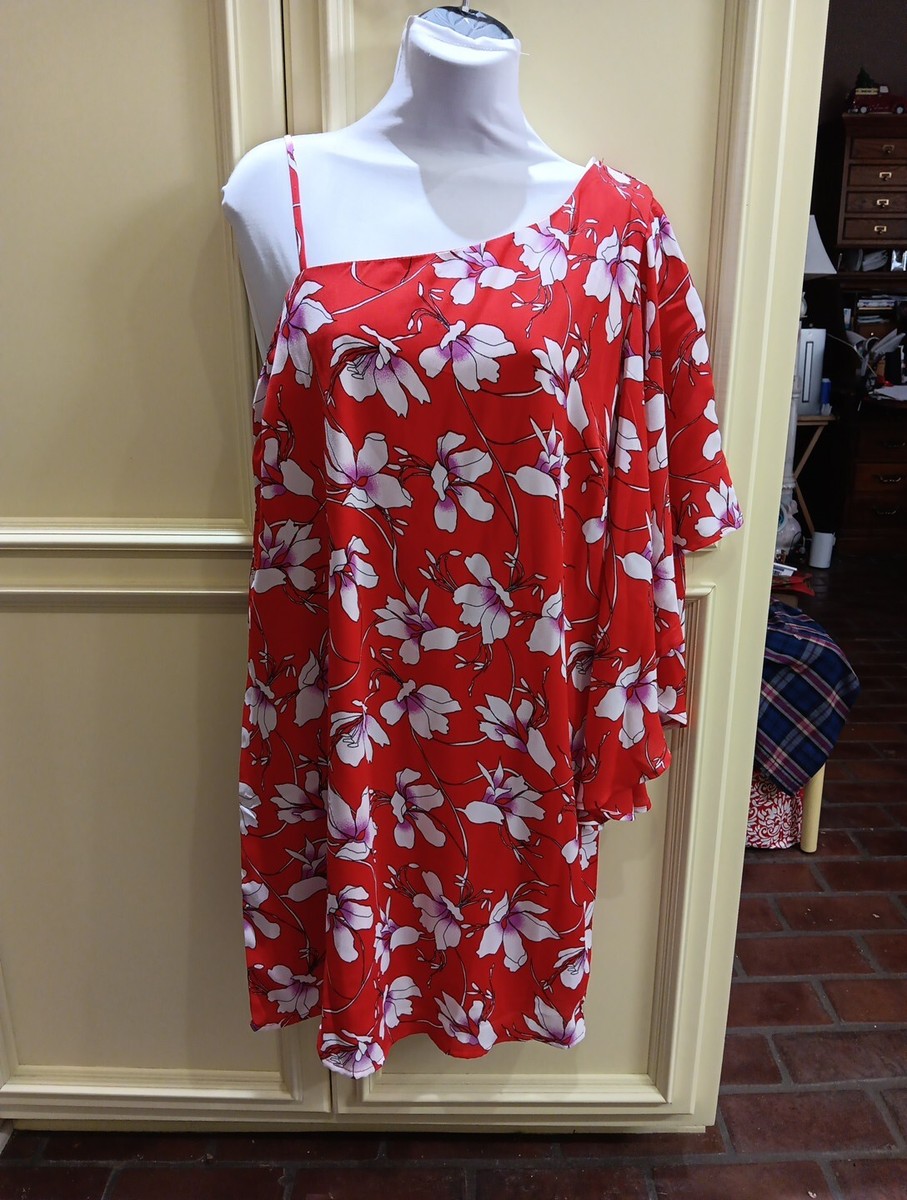 Monteau LA Womens One Shoulder Red Floral Lined Dress / Top? L NWT | eBay