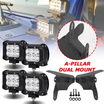 4'' Spot LED Light Bar + A-Pillar Dual Mount Bracket For Jeep Wrangler JL 2018-23
