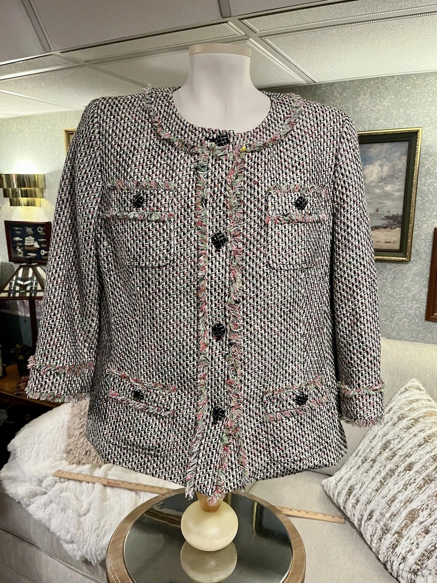 TALBOTS Houndstooth Tweed Blazer Fringe Trim Jacket Women s Size
