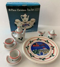 80's MINIATURE CHRISTMAS TEA SET NEW 10pc Rooftop Santa Sleigh MINI NIB Holly