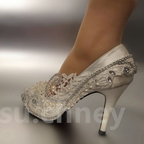 su.cheny 3" 4" heel Pearl ivory silk lace peep toe crystal Wedding Bridal shoes - Bild 3 von 11