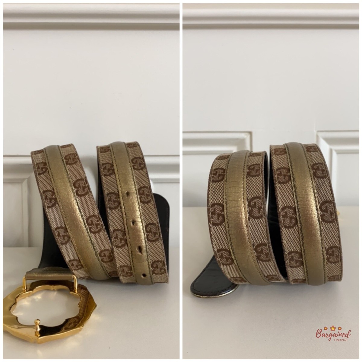 Auth Gucci Monogram Canvas Gold Metallic Leather Bamboo