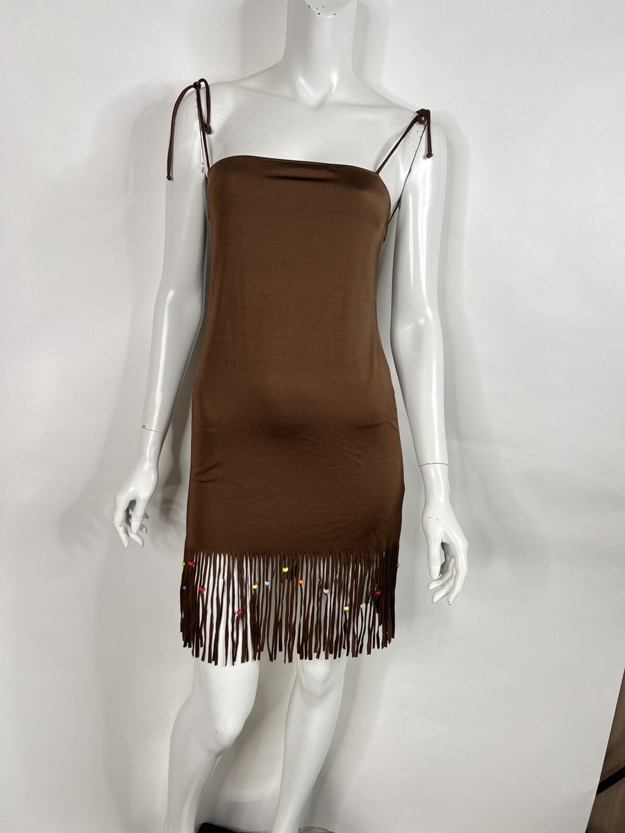 Vtg DOLCE GABBANA BEACHWEAR BROWN NYLON FRINGE DRESS M