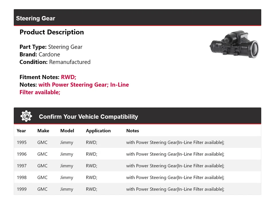 Para GMC Jimmy 1995-1999 tracción trasera engranaje de dirección cardone 1996 1997 1998 Foto 2 de 4