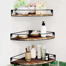Corner Shelf Wall Mount Floating Shelves Dark Brown Set 3 Rustic Wood Round End