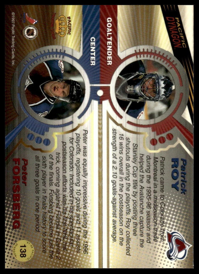 1997-98 Pacific Dynagon #138 Peter Forsberg / Patrick Roy - Image 2 of 2