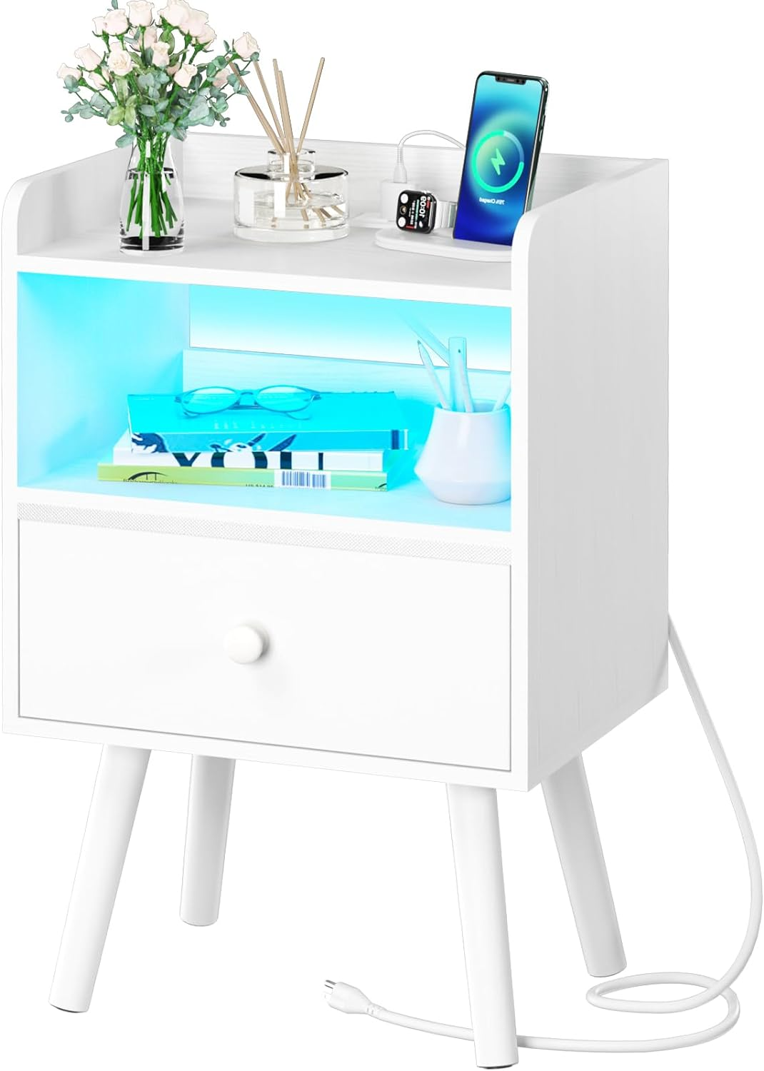 Modern Wood Nightstand with USB Charging Station & LED Lights-image